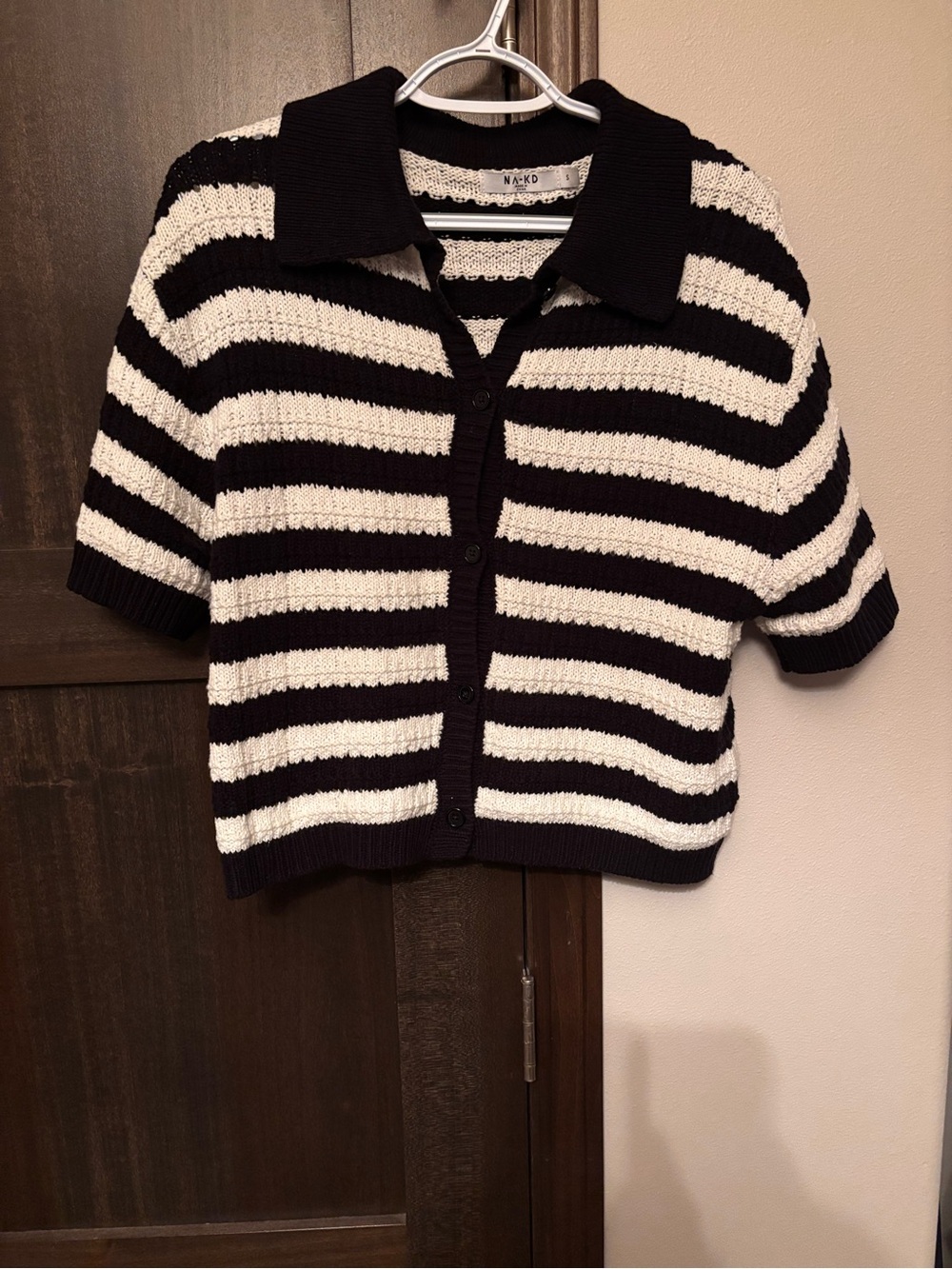 NA-KD Black & White Striped Short-Sleeve Polo Cardigan